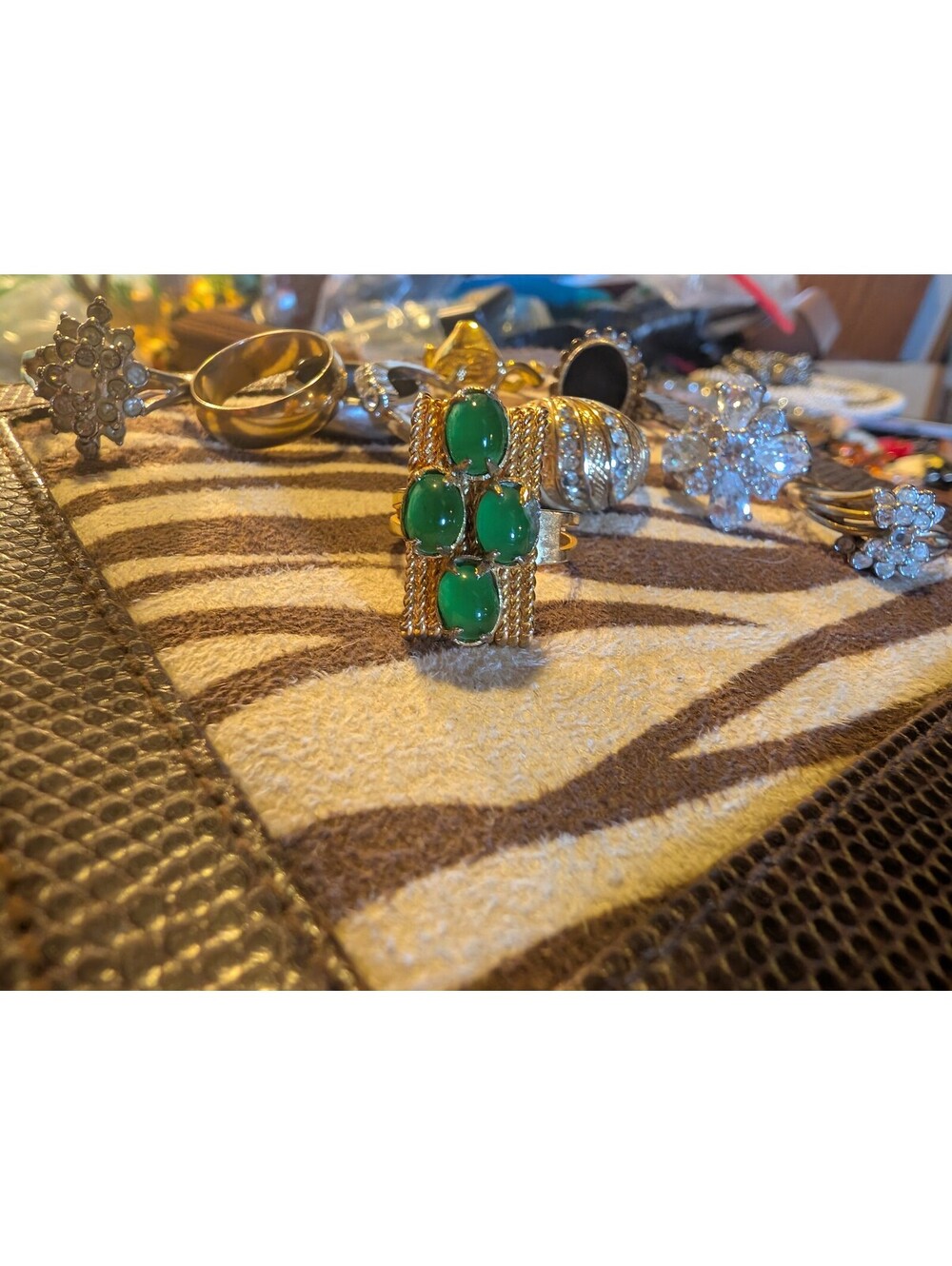 Vintage Mixed gold and silver toned Rings with Green Cabochon and Clear Stones